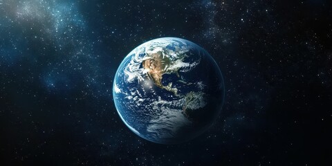 Earth viewed from space with illuminated continents and dark ocean surfaces against a starry backdrop