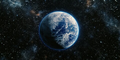 Obraz premium Earth viewed from space displaying its blue oceans and swirling clouds against a backdrop of stars and galaxies