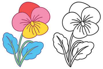 Colorful and Black and White Illustration of a Pansy Flower with Leaves