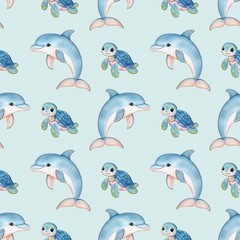 A seamless watercolor glitter pattern featuring playful dolphins and cute turtles on a light blue background. The dolphins are depicted in various poses, while the turtles.