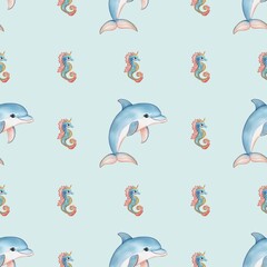 A whimsical watercolor glitter pattern featuring playful dolphins and colorful seahorses on a light blue background. The dolphins are depicted in a jumping pose, while the seahorses