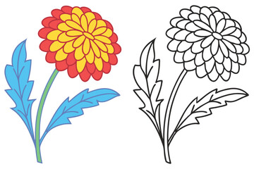 A vibrant colored flower and its outlined version a beautiful illustration of a single flower with leaves