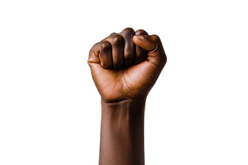 Raised clenched fist against black background, isolated, cut out transparent