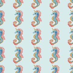 A whimsical watercolor glitter pattern featuring colorful seahorses with unicorn-like horns, set against a light blue background. The seahorses are adorned with vibrant fins and scales.
