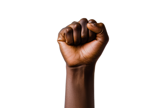 Raised clenched fist against black background, isolated, cut out transparent