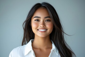 Obraz premium Confident young woman smiling in a white shirt against a neutral background