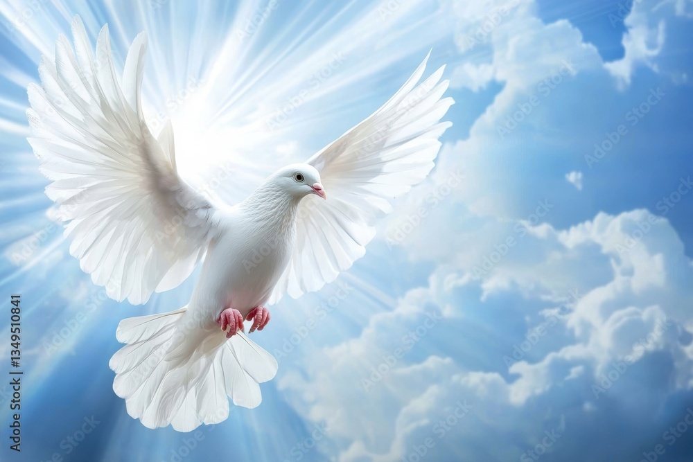 Poster sky funeral background white dove soaring through the clouds with soft light and copy space for text
