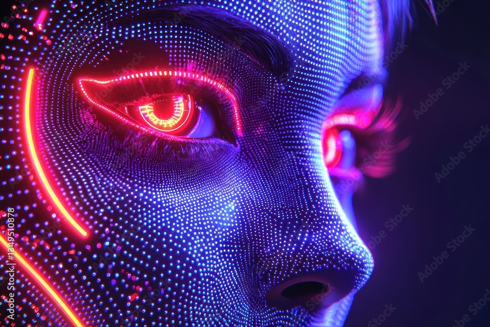 Poster futuristic female face with neon lighting intricate dots and soft dynamic color grading create an at