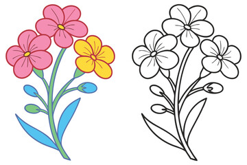 Colorful Flower Bouquet Illustration with Coloring Page  Pretty Floral Design for Kids and Adults Simple Spring Blossom