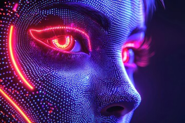 Futuristic female face with neon lighting intricate dots and soft dynamic color grading create an atmospheric design