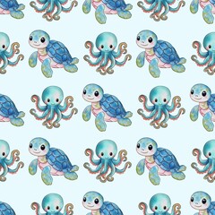 A whimsical watercolor glitter pattern featuring cute cartoon sea turtles and octopuses on a light blue background. The turtles are smiling, with detailed shells