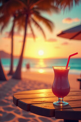 Fruit cocktail with a straw on a wooden table during a tropical beach sunset.