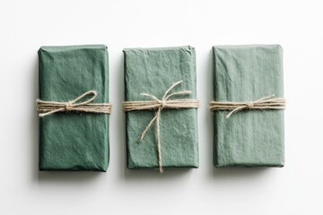 Three sage green gifts wrapped in textured paper and tied with twine.