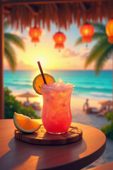 Fruit cocktail with a straw on a wooden table during a tropical beach sunset.