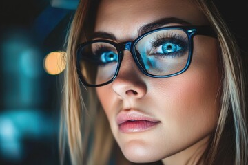 Fototapeta premium Focused woman wearing glasses works on computer in dark office