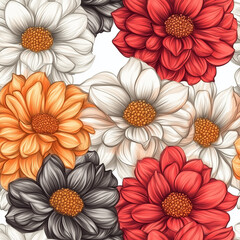 Seamless pattern with hand drawn dahlia flowers