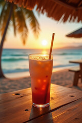 Fruit cocktail with a straw on a wooden table during a tropical beach sunset.