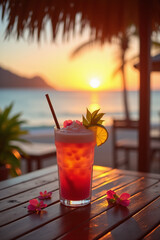 Fruit cocktail with a straw on a wooden table during a tropical beach sunset.