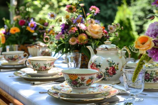 Elegant outdoor tea setting with floral arrangements and vintage china in a lush garden during a sunny afternoon - Powered by Adobe