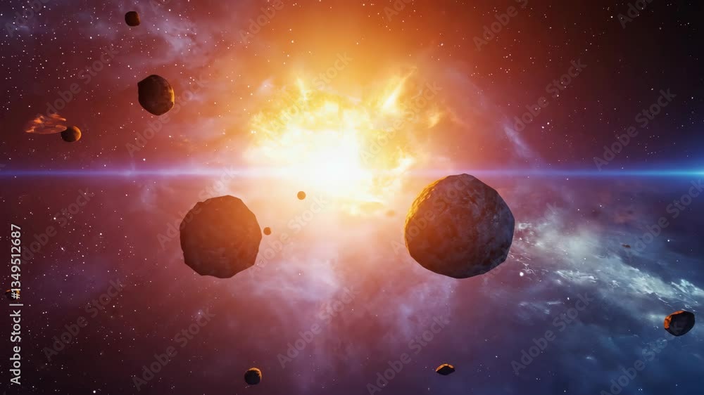 Poster asteroids floating in deep outer space with glowing star explosion in background