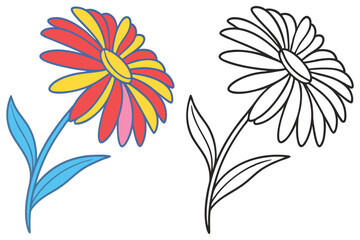 Colorful Flower and Line Art Drawing of a Daisy Blooming with Petals and Stem