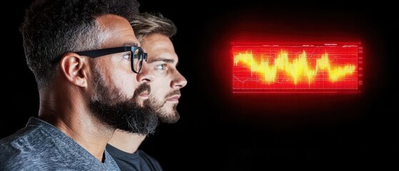 Two men observe a red digital waveform display, highlighting sound patterns in a dark environment, suggesting a focus on technology or audio analysis.