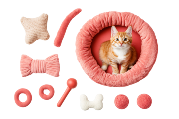 Ginger kitten in a pink pet bed and toys, cut out transparent