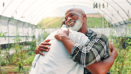 Agriculture, people and happy with hug in greenhouse for farmer welcome, introduction or farming...