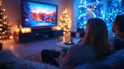 Couple Relaxing at Home Watching TV during Winter Holidays