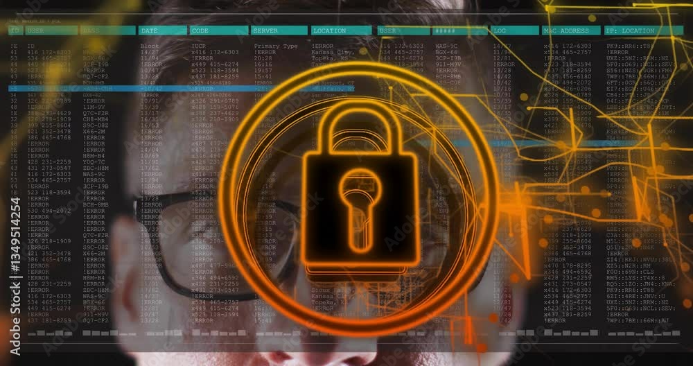 Aufkleber animation of lock symbol and digital code overlaying person's face in cybersecurity