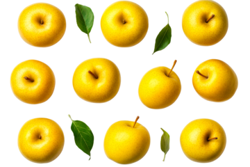 Yellow apples, leaves, vitamins, harvest, healthy food, cut out transparent