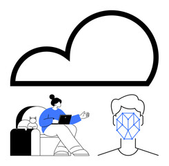 Large cloud highlights digital connection, sitting person working on a laptop with a cat, facial recognition feature. Ideal for cloud computing, AI, remote work, security, data storage, technology