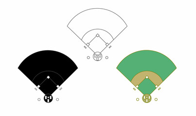 set of baseball field icons in outline, solid, and colored styles. Perfect for sports graphics, game strategies, infographics, and baseball-related designs.