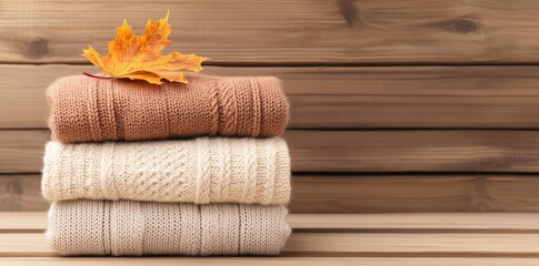 A cozy stack of knitted blankets rests on wooden planks, topped with a vibrant autumn leaf, evoking warmth and seasonal comfort.