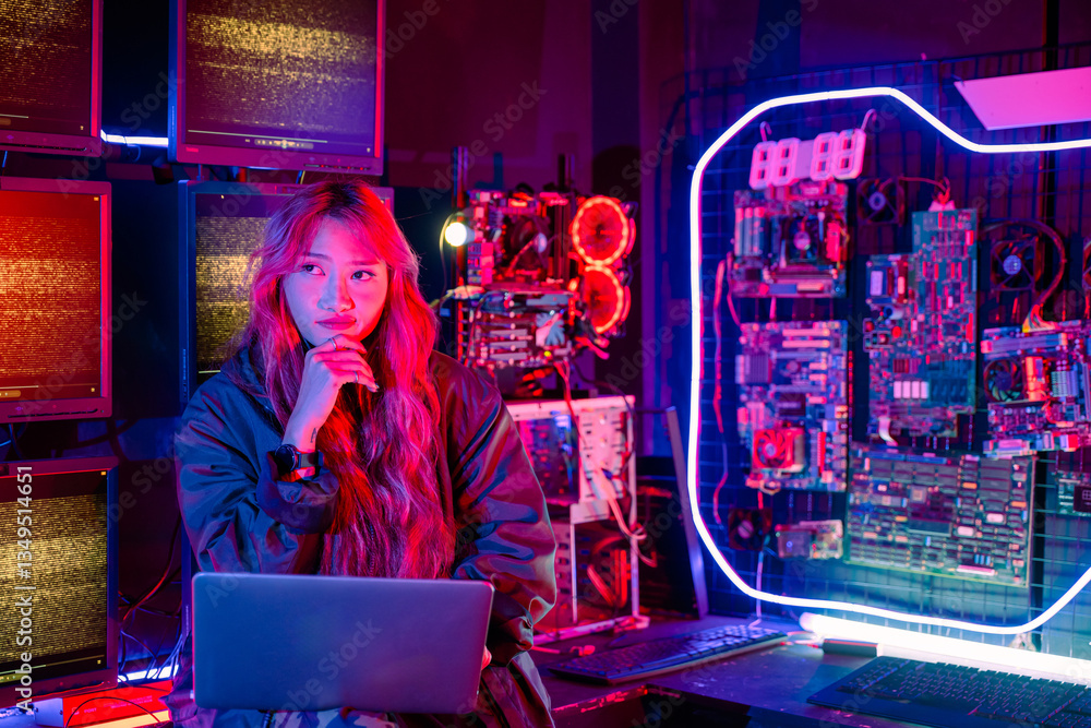 Poster asian woman is sitting at a desk with a laptop service in server room, thinking and solve problems, 