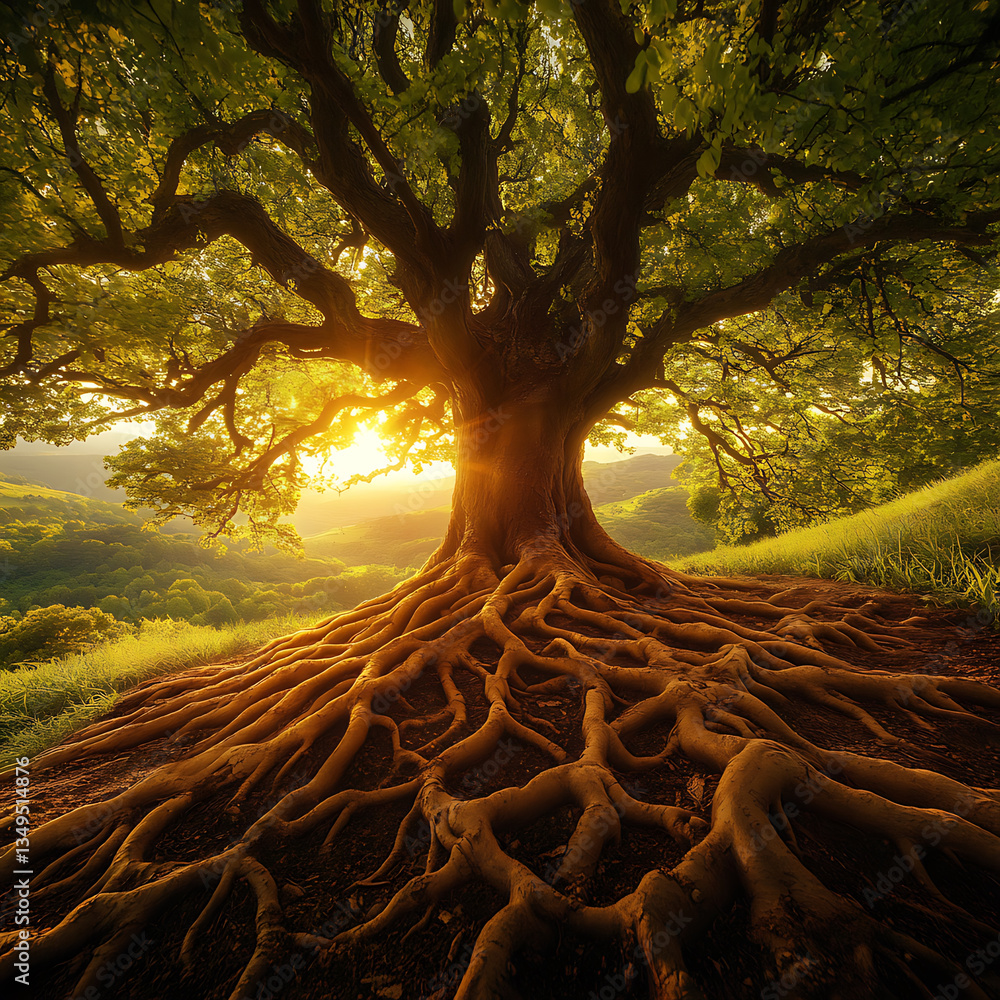 Poster majestic and conceptual image of massive sturdy tree with intricate roots, basking in warm glow of s