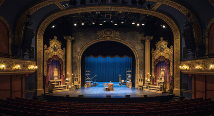 Fototapeta premium Classic Theater Stage with Vintage Set and Empty Audience Seats
