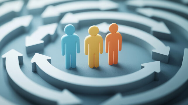 A 3D abstract pictogram illustrating HR updates, featuring three human icons within circular arrows, symbolizing workforce changes, employee retention, and personnel transitions