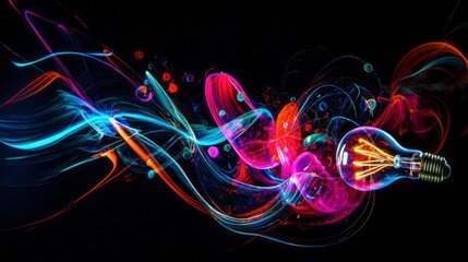 A colorful light bulb is shown in the middle of a colorful, swirling background