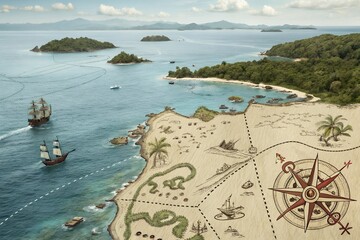 Ancient galleons approaching a treasure island depicted on a sun-baked beach map, guided by a weathered compass, promising untold riches and thrilling adventure under a bright sky.