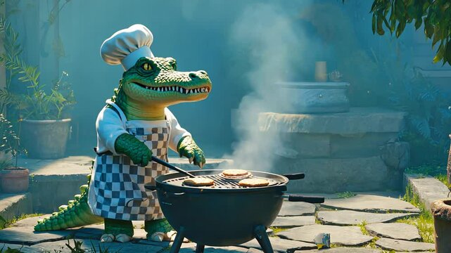 Alligator in chef's uniform grilling in garden
