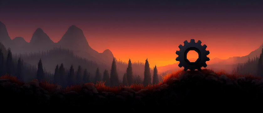 Gear in a Sunrise Forest Landscape