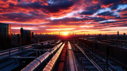 Fototapeta premium Rooftop mechanical HVAC system sprawling with ladders, ducts, and service platforms, as the cityscape stretches endlessly under a vivid sunset.
