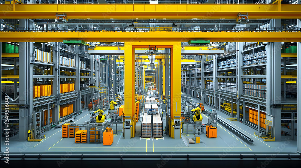 Poster modern automated factory interior with robots and machinery