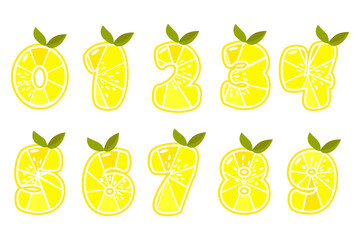 Lemon fruit numbers. Citrus numbers. Numbers, figures 0-9. Numbers cake toppers, education cards, stickers, typography print for your design