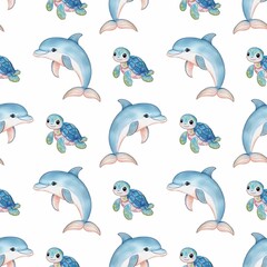 A seamless watercolor glitter pattern featuring playful dolphins and cute turtles on a white background. The dolphins are depicted in shades of blue, while the turtles are in green and blue hues.