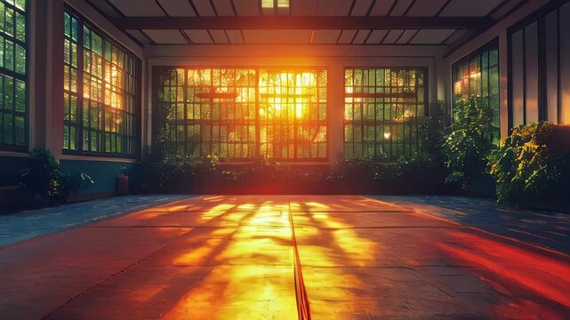 A sunlit modern dojo with large windows and a vibrant tatami mat, ready for training