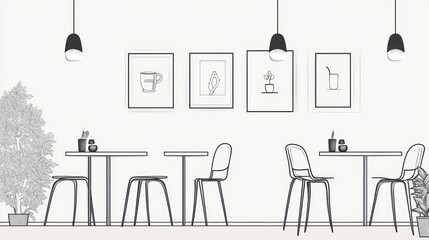 Cafe interior line drawing, minimalist design, art deco