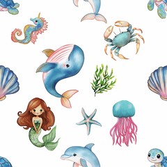 A whimsical watercolor glitter pattern underwater scene featuring colorful marine life including a mermaid, dolphins, a whale, a crab, jellyfish, seahorses, and seashells,  a white background.