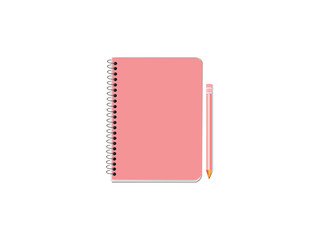 notebook with pincel. Square format. Pink cover. Kraft paper or cardboard. Shiny metal binder clip. Mockup of a small book, diary, notepad. Copybook, sheets of paper with black binder